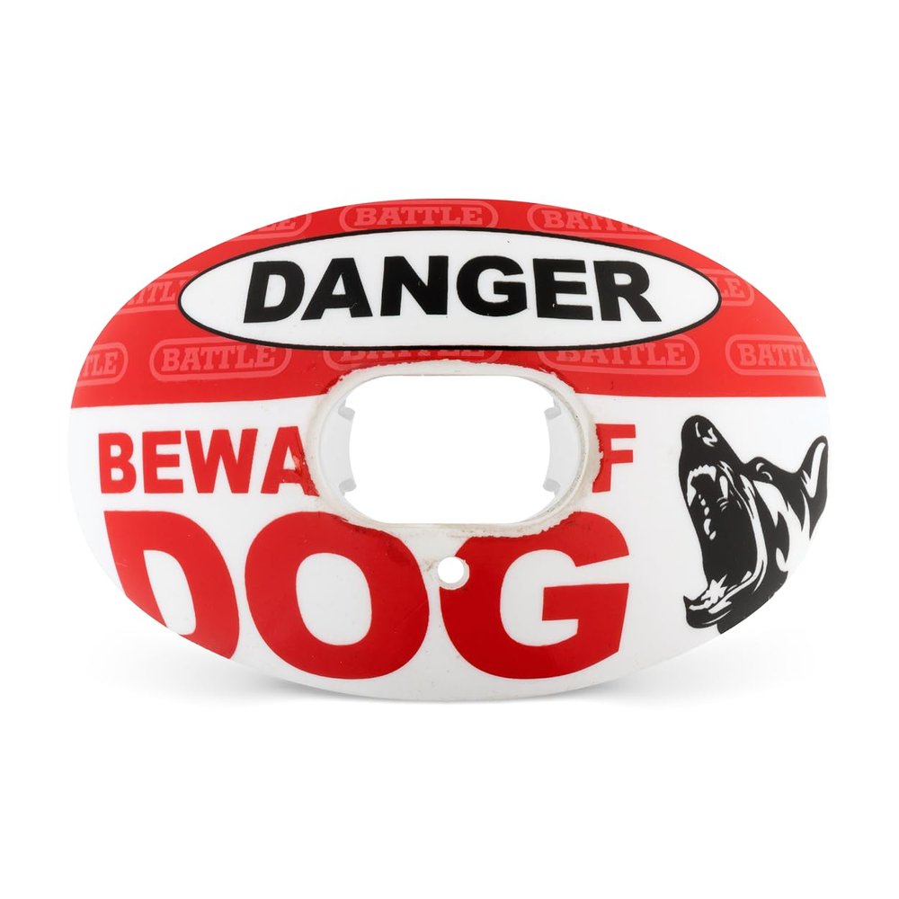 Battle Sports Oxygen Football Mouthguard - Football Mouth Guard with Strap, Superior Airflow & Better Performance, Maximum Breathability, Works with Braces - Beware of Dog/Red