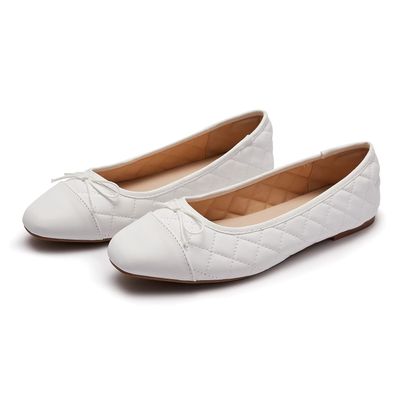 AFEETSING Women's Round Toe Ballet Flats Comfortable Bow Dressy Flats Shoes for Women (B-White, Numeric_7)