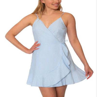Speechless Womens Blue Ruffled Textured Zippered Striped Spaghetti Strap Surplice Neckline Mini Sheath Dress Juniors XL