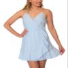 Speechless Womens Blue Ruffled Textured Zippered Striped Spaghetti Strap Surplice Neckline Mini Sheath Dress Juniors XL view 1