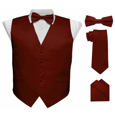 Vittorio Farina Solid Suit Vest for Men Set of 4 - Vest, Tie, Bow Tie& Pocket Square (Burgundy, XS)