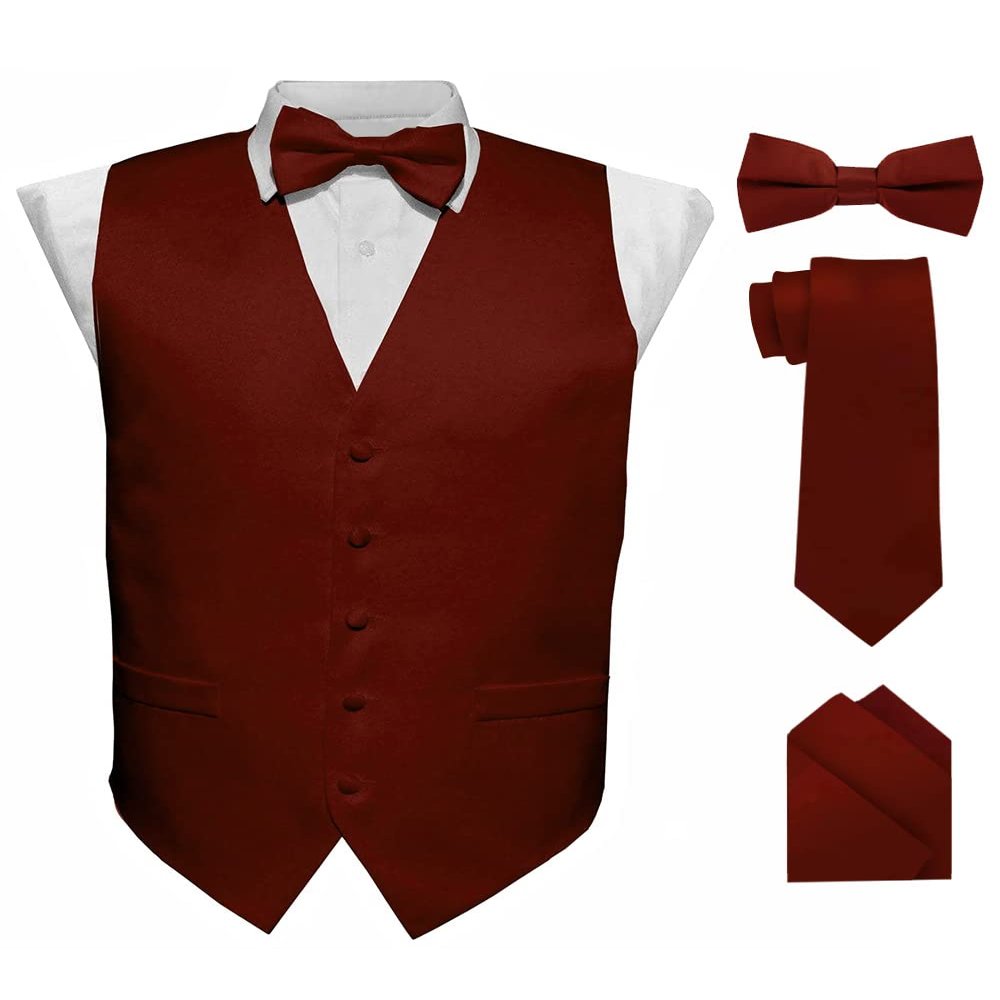 Vittorio Farina Solid Suit Vest for Men Set of 4 - Vest, Tie, Bow Tie& Pocket Square (Burgundy, XS)