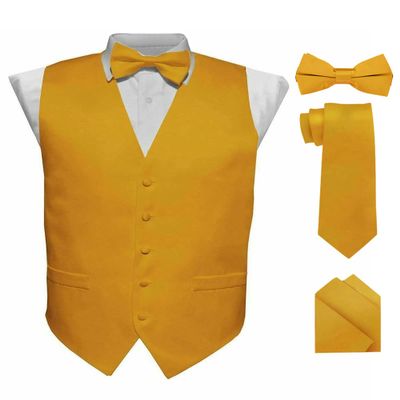 Vittorio Farina Solid Color Satin Suit Vest for Men Set of 4 - Vest, Tie, Bow Tie & Pocket Square (Mustard)