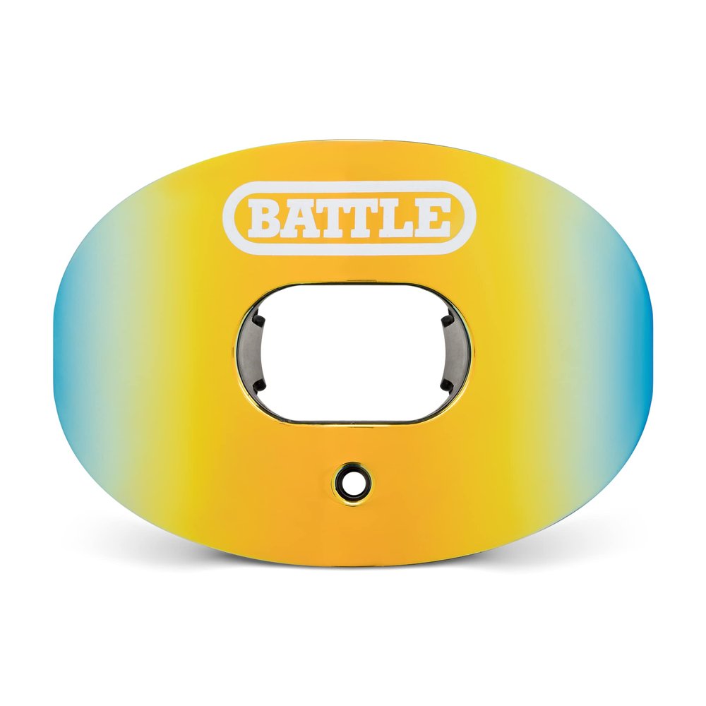 Battle Sports Prism Oxygen Football Mouthguard - Superior Airflow & Better Performance, Maximum Protection & Breathability Football Mouthpiece, Works with Braces - Gold/Blue