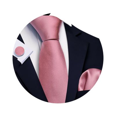 Barry.Wang Blush Pink Tie Sets for Men Silk Solid Necktie Stain Handkerchief Pocket Square Cufflinks Wedding Business Dyed