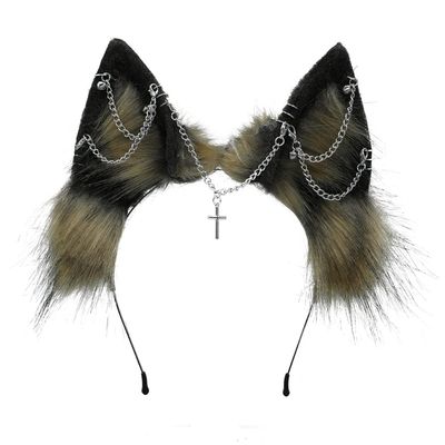 VIGVAN Handmade Wolf Fox Ears Animal Cosplay Cute Head Accessories for Halloween (Chain Brown Black)
