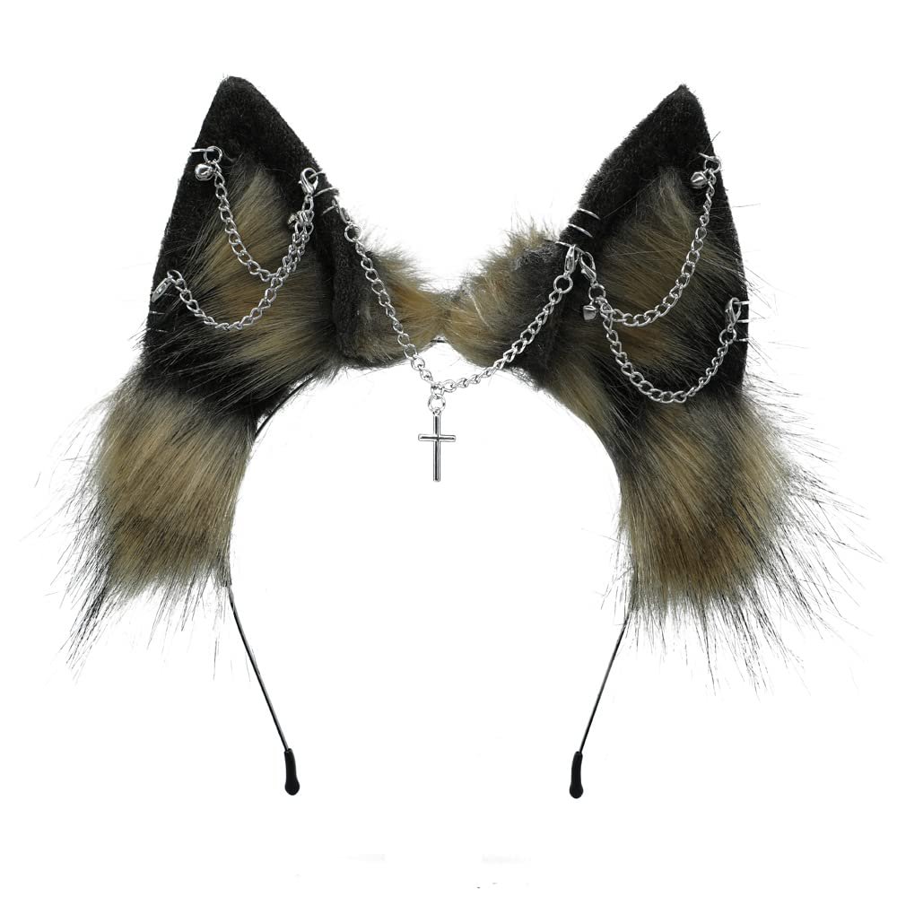 VIGVAN Handmade Wolf Fox Ears Animal Cosplay Cute Head Accessories for Halloween (Chain Brown Black)
