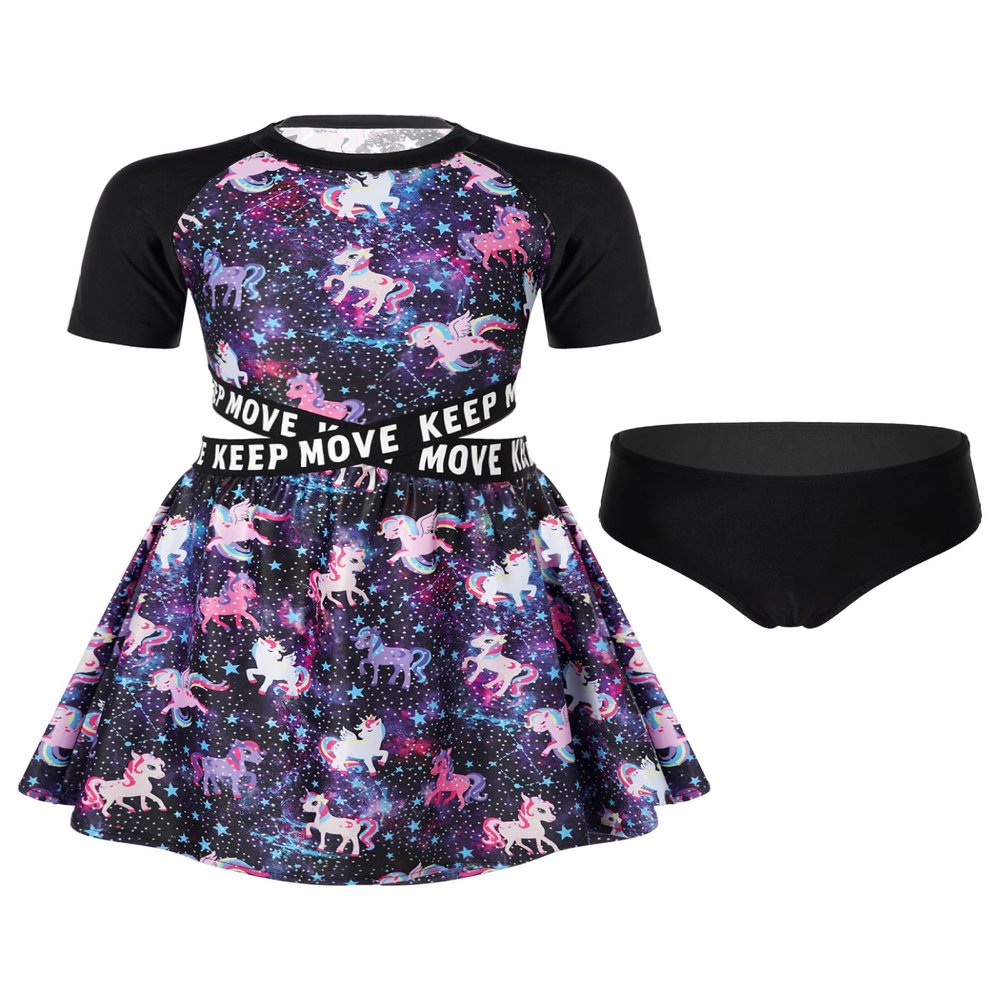 Loloda Kids Girls Letter Print Swim Dress with Bottoms Two Piece Beach Sport Swimsuit Bathing Suit Black 6 Years