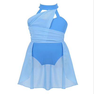 Nikiikoo Kids Girls Halter Cutouts Color Blocking Modern Lyrical Dance Leotard Tulle Dress for Ballet Jazz Skating Light Blue 12 Years