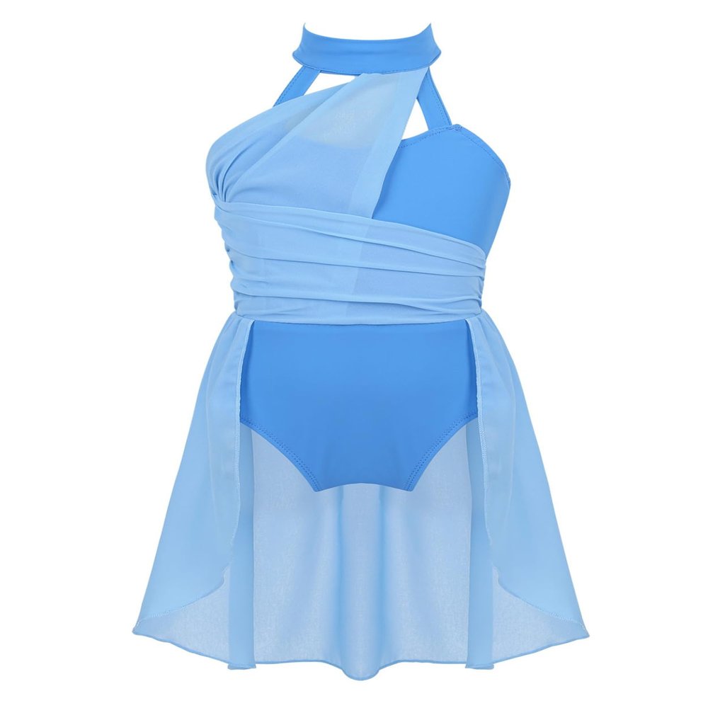 Nikiikoo Kids Girls Halter Cutouts Color Blocking Modern Lyrical Dance Leotard Tulle Dress for Ballet Jazz Skating Light Blue 12 Years