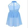 Nikiikoo Kids Girls Halter Cutouts Color Blocking Modern Lyrical Dance Leotard Tulle Dress for Ballet Jazz Skating Light Blue 12 Years view 2