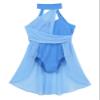 Nikiikoo Kids Girls Halter Cutouts Color Blocking Modern Lyrical Dance Leotard Tulle Dress for Ballet Jazz Skating Light Blue 12 Years view 4