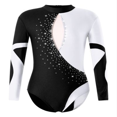 Agoky Kids Girls Metallic Long Sleeve Backless Dance Leotard with Diamond Printed Gymnastic Yoga Jumpsuit Silver 10 Years