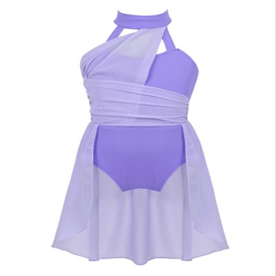 Nikiikoo Kids Girls Halter Cutouts Color Blocking Modern Lyrical Dance Leotard Tulle Dress for Ballet Jazz Skating Lavender 14 Years