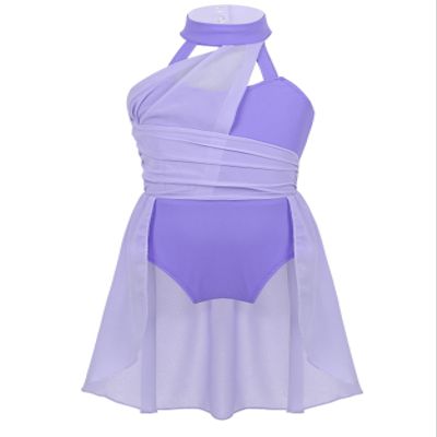 Nikiikoo Kids Girls Halter Cutouts Modern Lyrical Dance Leotard Tulle Dress Ballet Latin Jazz Ice Skating Costume Lavender 12 Years