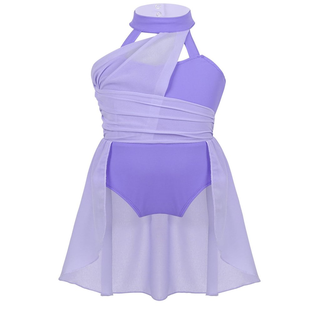 Nikiikoo Kids Girls Halter Cutouts Modern Lyrical Dance Leotard Tulle Dress Ballet Latin Jazz Ice Skating Costume Lavender 12 Years