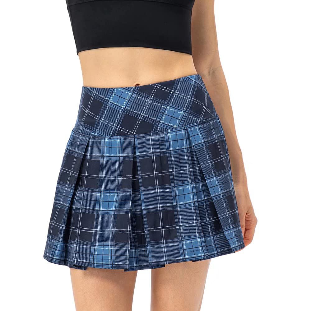 Dumajo Women's Pleated Tennis Skirts High Waist Lightweight Athletic Workout Running Skorts Mini Skirt with Pockets,Plaid Navy,M