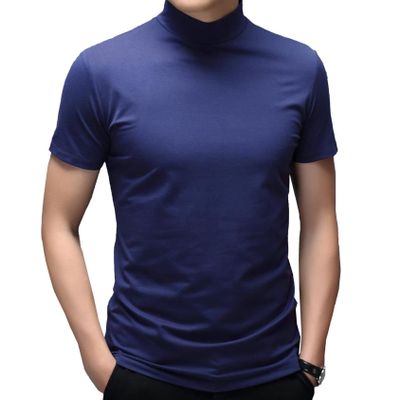 Hedmy Men's Mock Neck Short Sleeve T-Shirt Half Turtleneck Casual Undershirt Basic Slim Lightweight Tee Blue Large