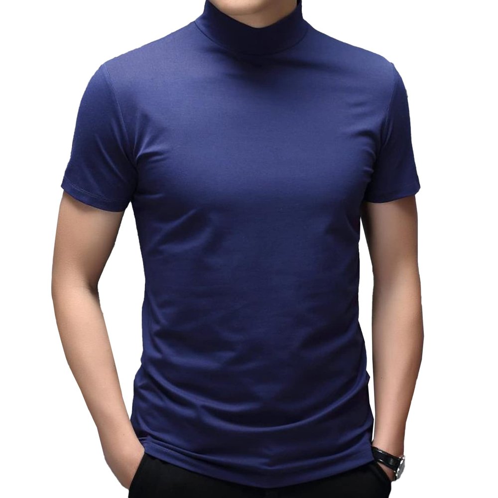 Hedmy Men's Mock Neck Short Sleeve T-Shirt Half Turtleneck Casual Undershirt Basic Slim Lightweight Tee Blue Large