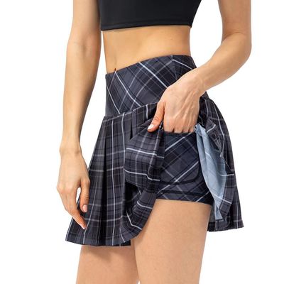 Dumajo Women's Pleated Tennis Skirts High Waist Lightweight Athletic Workout Running Skorts Mini Skirt with Pockets,Plaid Grey,XS