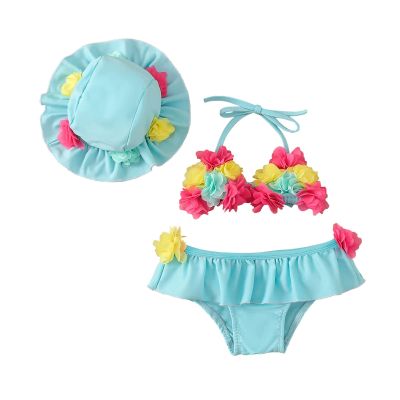 Yccutest Infant Baby Girl Flower Swimsuit 3Pcs Halter Triangle Tops Ruffle Bottoms Sun Hat Bikini Set Bathing Suit Swimwear (Blue,0-6 Months)
