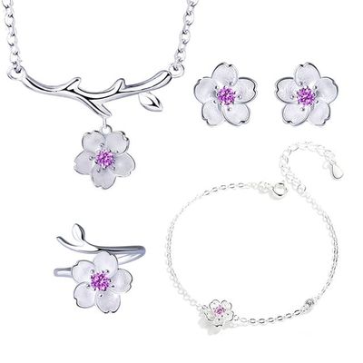 925 Sterling Silver Jewelry Sets Romantic Cherry Blossoms Flower Necklace+Earrings+Ring+Bracelet For Women Gift