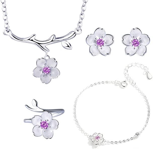 925 Sterling Silver Jewelry Sets Romantic Cherry Blossoms Flower Necklace+Earrings+Ring+Bracelet For Women Gift