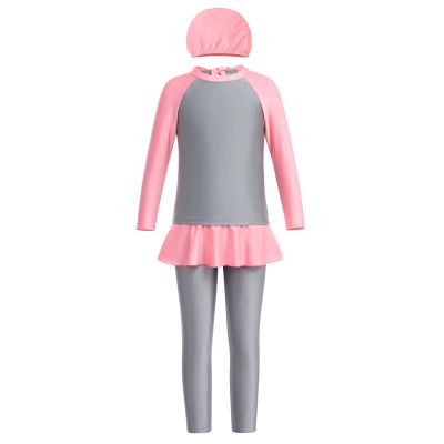 Girls Long Sleeve Muslim Swimsuit Swimwear Full Cover Modest Islamic Burkini Tankini UPF 50+ Sun UV Protective Tops Pants Swim Cap Rash Guard Outfit Bathing Suit Beachwear Gray 9-10 Years