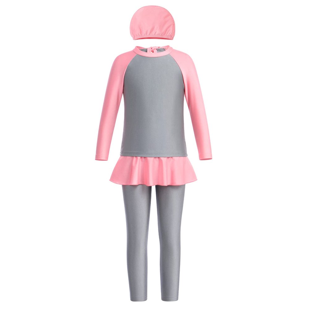 Girls Long Sleeve Muslim Swimsuit Swimwear Full Cover Modest Islamic Burkini Tankini UPF 50+ Sun UV Protective Tops Pants Swim Cap Rash Guard Outfit Bathing Suit Beachwear Gray 9-10 Years