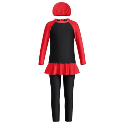 Girls Long Sleeve Muslim Swimsuit Swimwear Full Cover Modest Islamic Burkini Tankini UPF 50+ Sun UV Protective Tops Pants Swim Cap Rash Guard Outfit Bathing Suit Beachwear Black 7-8 Years