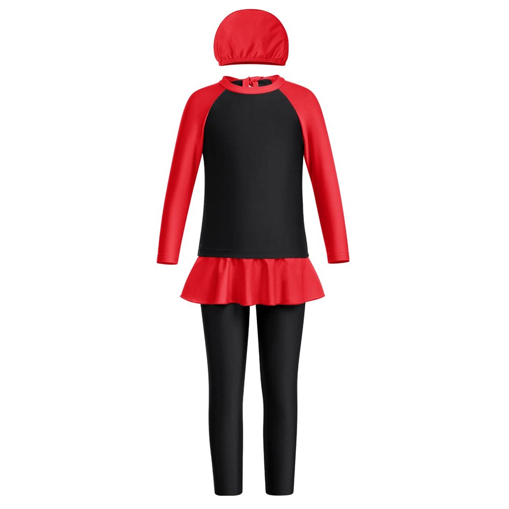 Girls Long Sleeve Muslim Swimsuit Swimwear Full Cover Modest Islamic Burkini Tankini UPF 50+ Sun UV Protective Tops Pants Swim Cap Rash Guard Outfit Bathing Suit Beachwear Black 7-8 Years