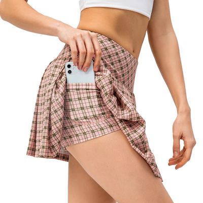 Dumajo Women's Pleated Tennis Skirts High Waist Lightweight Athletic Workout Running Skorts Mini Skirt with Pockets,Plaid Pink,2XL