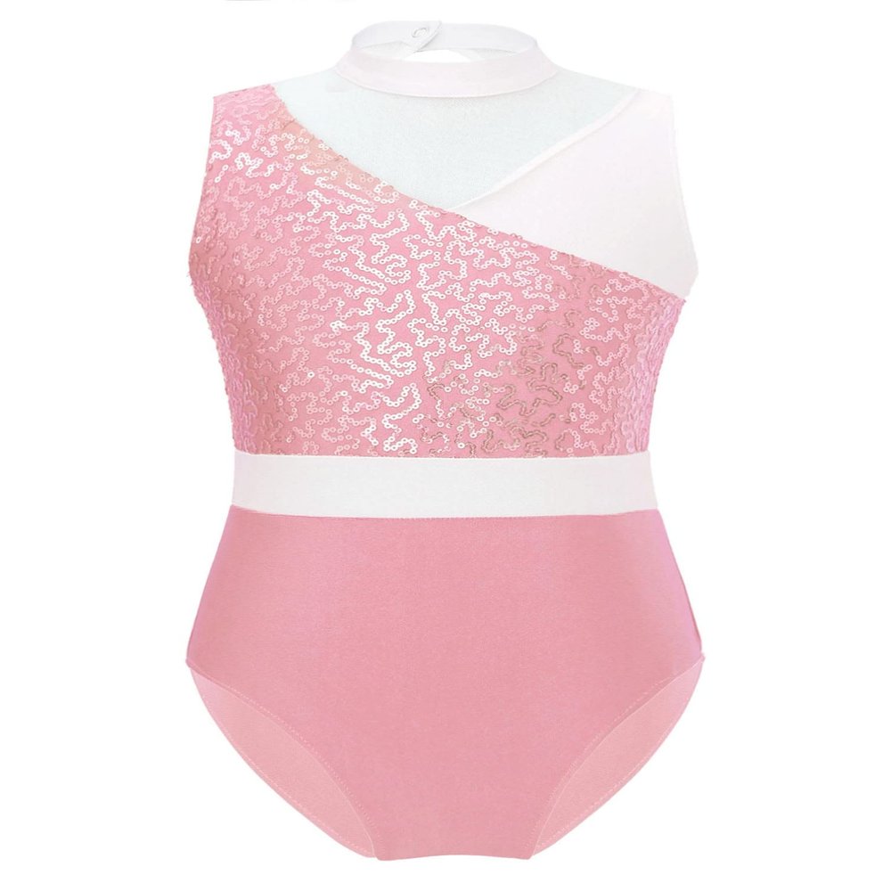 Agoky Girls Mock Neck Sleeveless Sparkly Sequin Hollow Back Ballet Dance Leotard Athletic Gymnastic Workout Unitard Pink 4 Years
