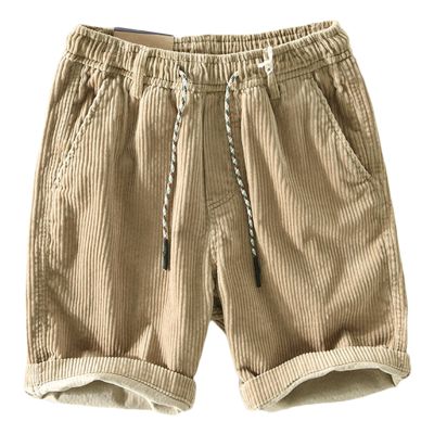 Men Drawstring Cotton Corduroy Shorts Lightweight Elastic Waist Stretch Short Pants 5" Slim Fit Comfort Hiking Shorts (Khaki,XX-Large)