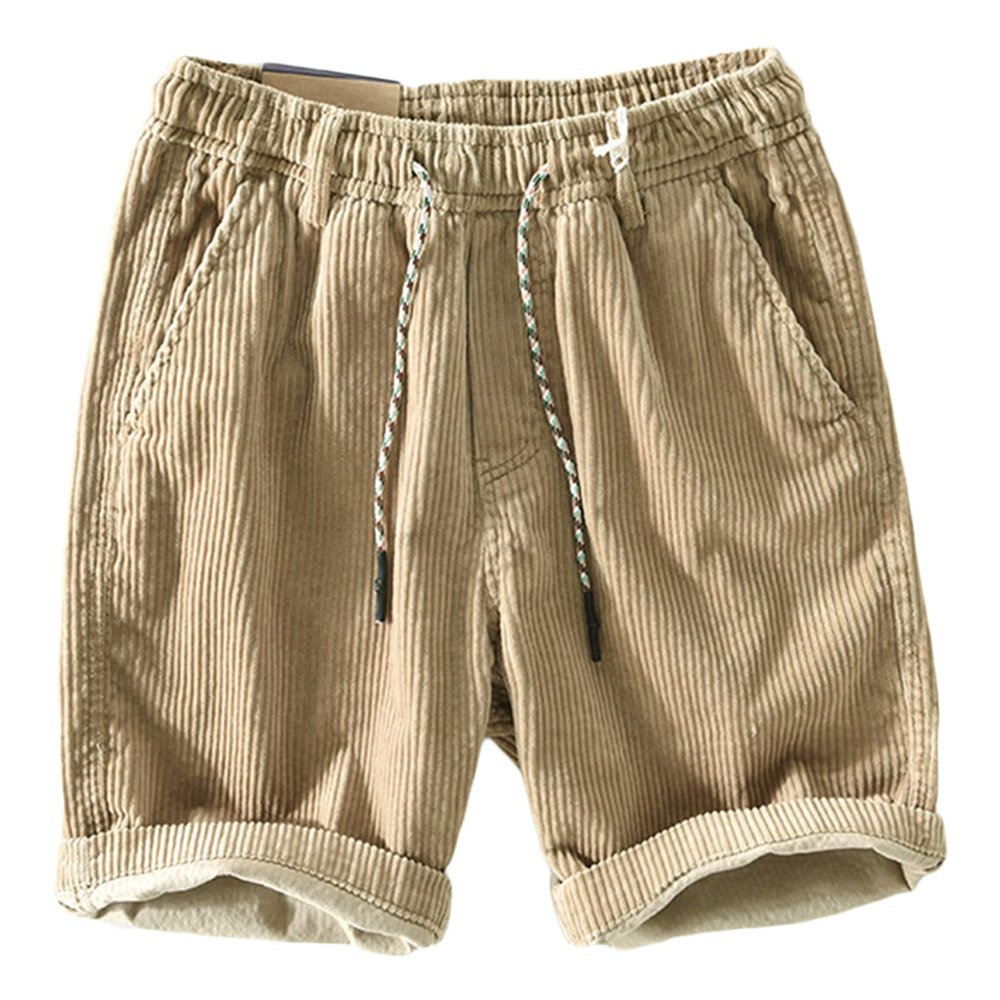 Men Drawstring Cotton Corduroy Shorts Lightweight Elastic Waist Stretch Short Pants 5" Slim Fit Comfort Hiking Shorts (Khaki,XX-Large)