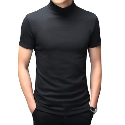 Hedmy Men's Mock Neck Short Sleeve T-Shirt Half Turtleneck Casual Undershirt Basic Slim Lightweight Tee Black Large