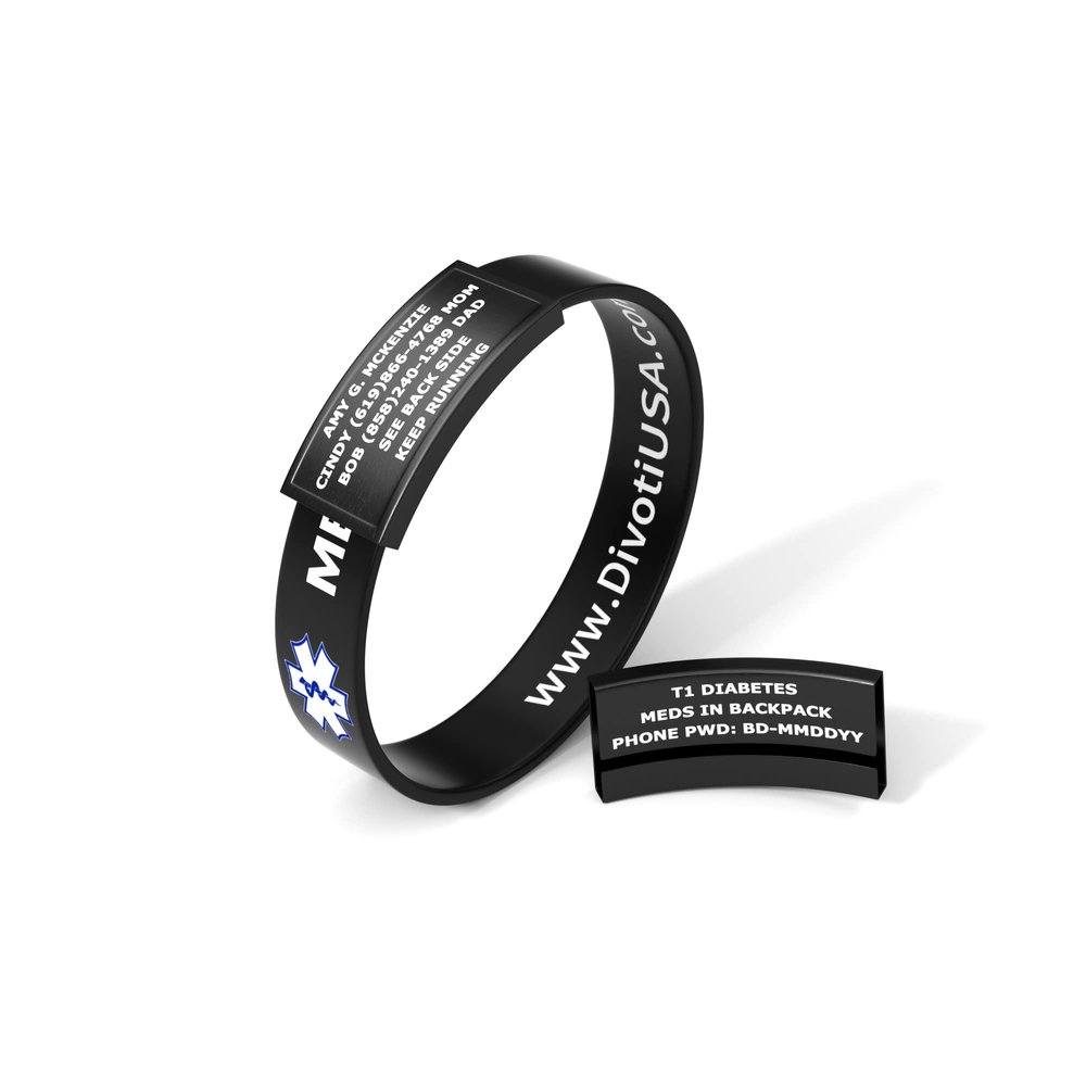 Divoti Ultra-Sleek Custom Engraved 13-mm Wide Silicone Sport Medical ID Wristband for Athletes PVD Black/Black - Large
