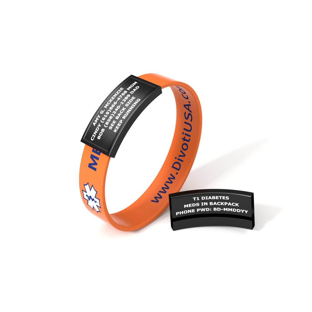 Divoti Ultra-Sleek Custom Engraved 13-mm Wide Silicone Sport Medical ID Wristband for Athletes PVD Black/Orange - Medium