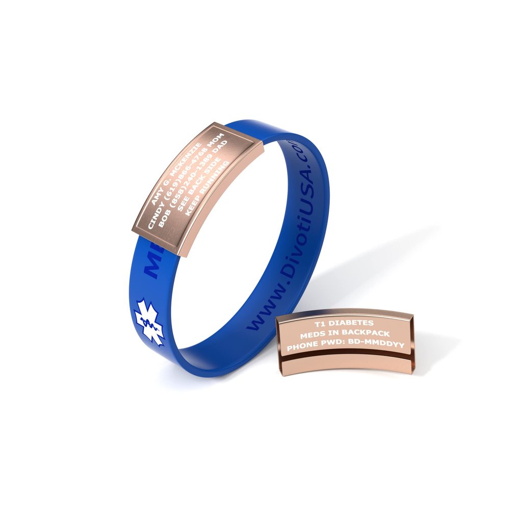 Divoti Ultra-Sleek Custom Engraved 13-mm Wide Silicone Sport Medical ID Wristband for Athletes PVD Rose Gold/Blue- Small