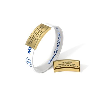 Divoti Ultra-Sleek Custom Engraved 13-mm Wide Silicone Sport Medical ID Wristband for Athletes PVD Gold/White - Medium