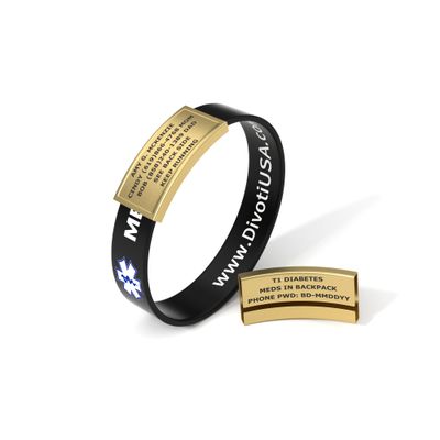 Divoti Ultra-Sleek Custom Engraved 13-mm Wide Silicone Sport Medical ID Wristband for Athletes PVD Gold/Black - Medium