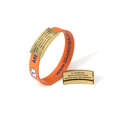 Divoti Ultra-Sleek Custom Engraved 13-mm Wide Silicone Sport Medical ID Wristband for Athletes PVD Gold/Orange - Small