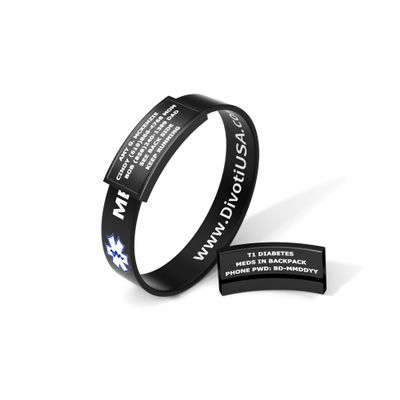 Divoti Ultra-Sleek Custom Engraved 13-mm Wide Silicone Sport Medical ID Wristband for Athletes PVD Black/Black - Medium