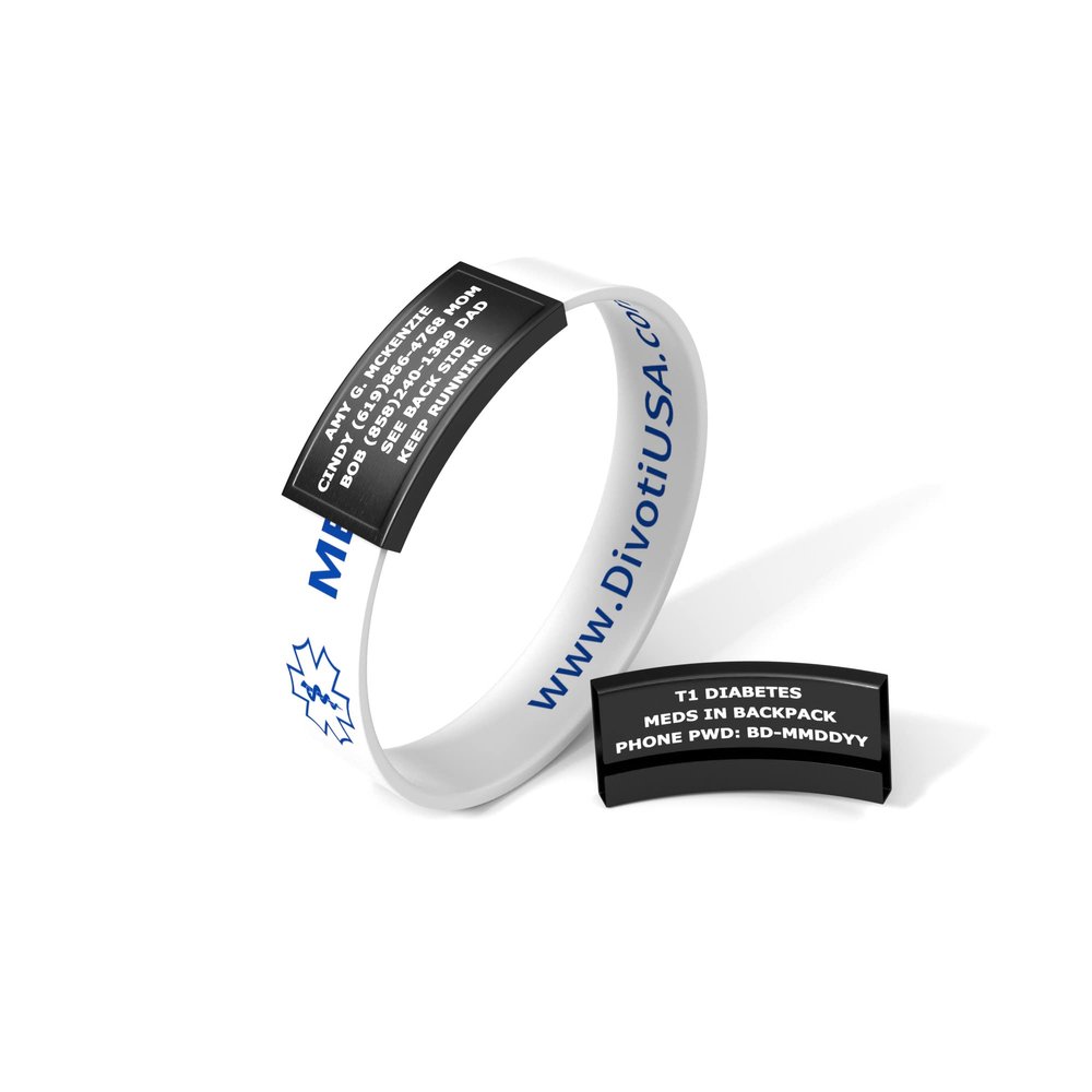Divoti Ultra-Sleek Custom Engraved 13-mm Wide Silicone Sport Medical ID Wristband for Athletes PVD Black/White - Small