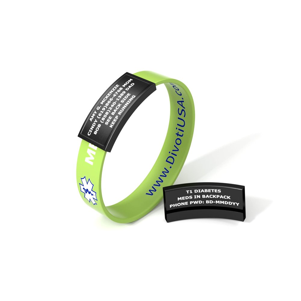 Divoti Ultra-Sleek Custom Engraved 13-mm Wide Silicone Sport Medical ID Wristband for Athletes PVD Black/Lime - Medium