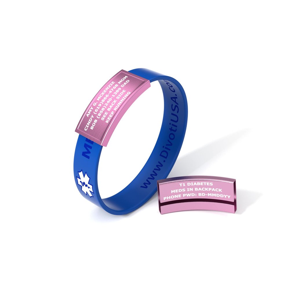 Divoti Ultra-Sleek Custom Engraved 13-mm Wide Silicone Sport Medical ID Wristband for Athletes Color Plated Pink/Blue- Large
