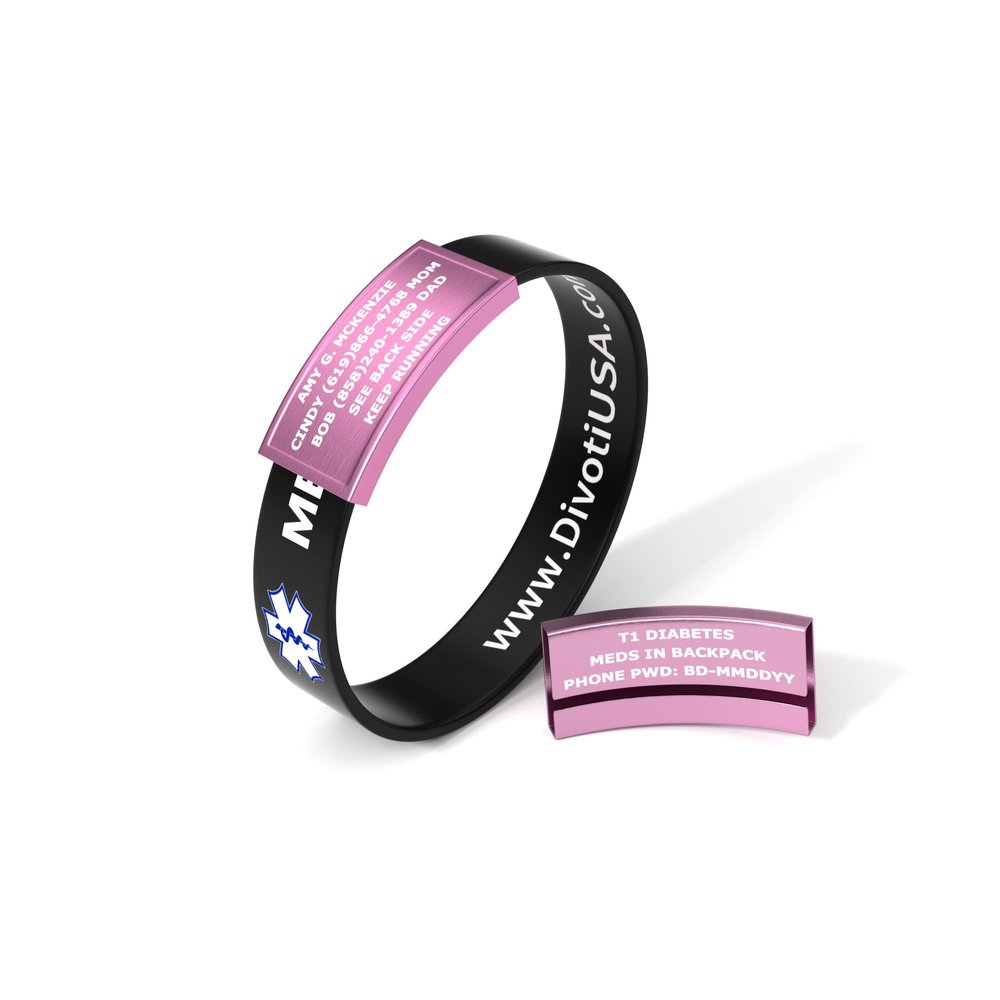 Divoti Ultra-Sleek Custom Engraved 13-mm Wide Silicone Sport Medical ID Wristband for Athletes Color Plated Pink/Black - Small
