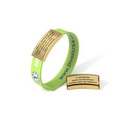 Divoti Ultra-Sleek Custom Engraved 13-mm Wide Silicone Sport Medical ID Wristband for Athletes PVD Gold/Lime - Large