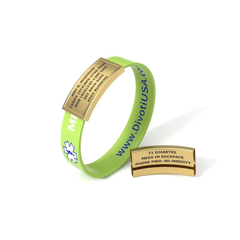 Divoti Ultra-Sleek Custom Engraved 13-mm Wide Silicone Sport Medical ID Wristband for Athletes PVD Gold/Lime - Large