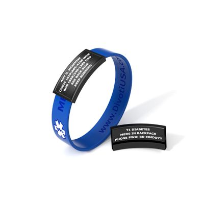 Divoti Ultra-Sleek Custom Engraved 13-mm Wide Silicone Sport Medical ID Wristband for Athletes PVD Black/Blue- Small